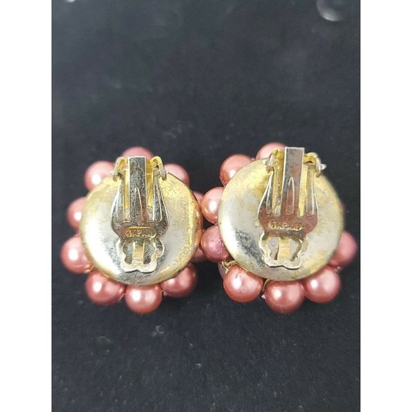 Vintage Clip On Japan Burgandy Brown Faux Pearl Bead Round Earring Set Gold Tone - Picture 3 of 12